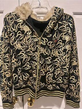 Y2K Gunit Black & Gold Script-Print Faux-Fur Hooded Zip Sweatshirt